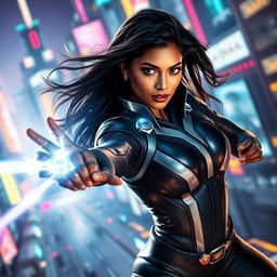 A stunning 27-year-old Indian woman, embodying beauty and strength, wearing a sleek, futuristic superhero suit that enhances her powers