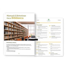 A professional manual titled 'Manual de Normas e Rotinas da Biblioteca', designed with a clean and organized layout