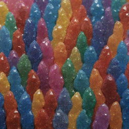 Create an image of human figures but made entirely from glistening, colourful crystals to represent human emotions and characteristics.