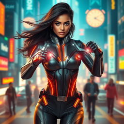 A stunning 27-year-old Indian woman, embodying beauty and strength, wearing a sleek, futuristic superhero suit that enhances her powers