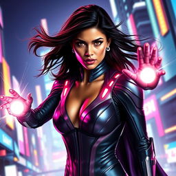 A stunning 27-year-old Indian woman, embodying beauty and strength, wearing a sleek, futuristic superhero suit that enhances her powers