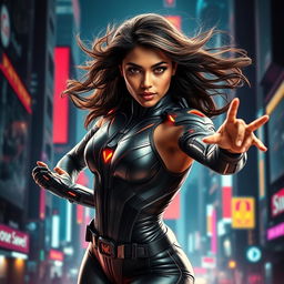 A stunning 27-year-old Indian woman, embodying beauty and strength, wearing a sleek, futuristic superhero suit that enhances her powers