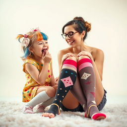 A playful and whimsical scene featuring a girl joyfully licking a woman's knee socks