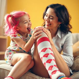 A playful and whimsical scene featuring a girl joyfully licking a woman's knee socks