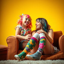 A playful and whimsical scene featuring a girl joyfully licking a woman's knee socks