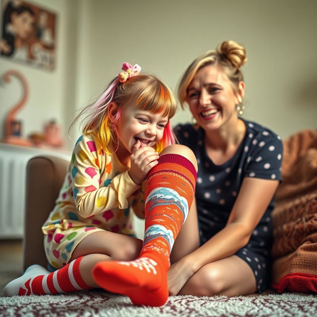 A playful and whimsical scene featuring a girl joyfully licking a woman's knee socks