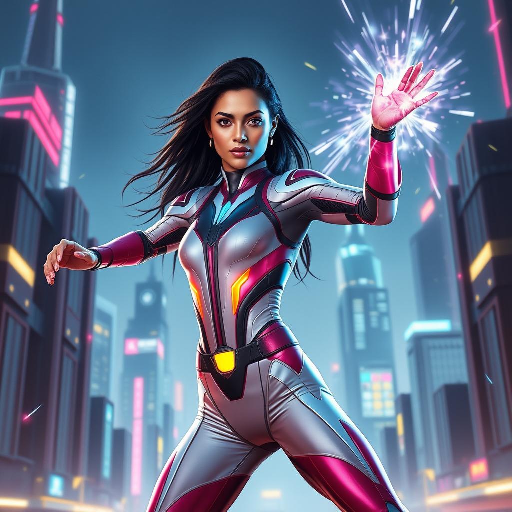 A stunning 27-year-old Indian woman with superpowers related to gravitational force, depicted as a beautiful skinny superhero