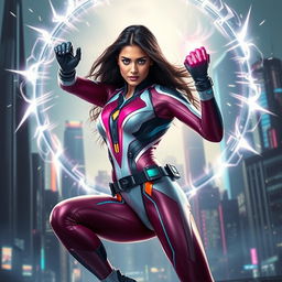 A stunning 27-year-old Indian woman with superpowers related to gravitational force, depicted as a beautiful skinny superhero