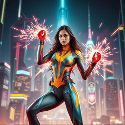 A stunning 27-year-old Indian woman with superpowers related to gravitational force, depicted as a beautiful skinny superhero