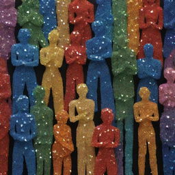 Create an image of human figures but made entirely from glistening, colourful crystals to represent human emotions and characteristics.