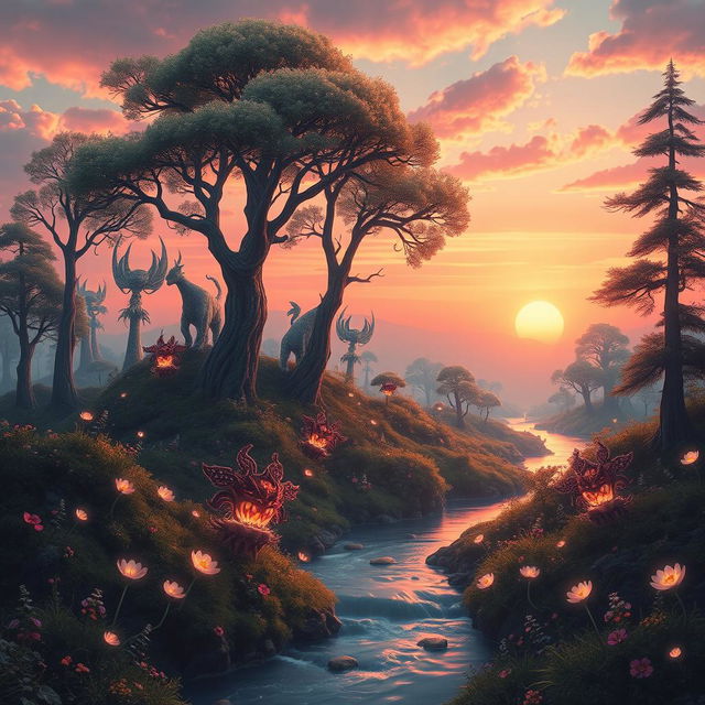 A stunning, surreal landscape depicting a dreamlike world inspired by the concept of 'Meus novecentos dias'