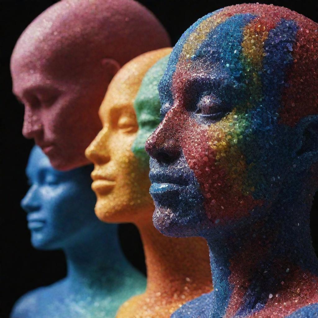 Create an image of human figures but made entirely from glistening, colourful crystals to represent human emotions and characteristics.