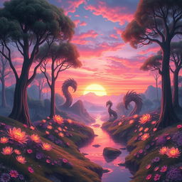 A stunning, surreal landscape depicting a dreamlike world inspired by the concept of 'Meus novecentos dias'