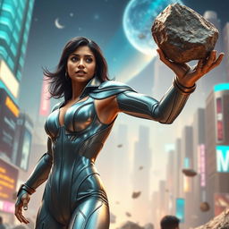 A stunning 27-year-old Indian woman, depicted as a superhero with gravitational force superpowers