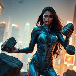 A stunning 27-year-old Indian woman, depicted as a superhero with gravitational force superpowers