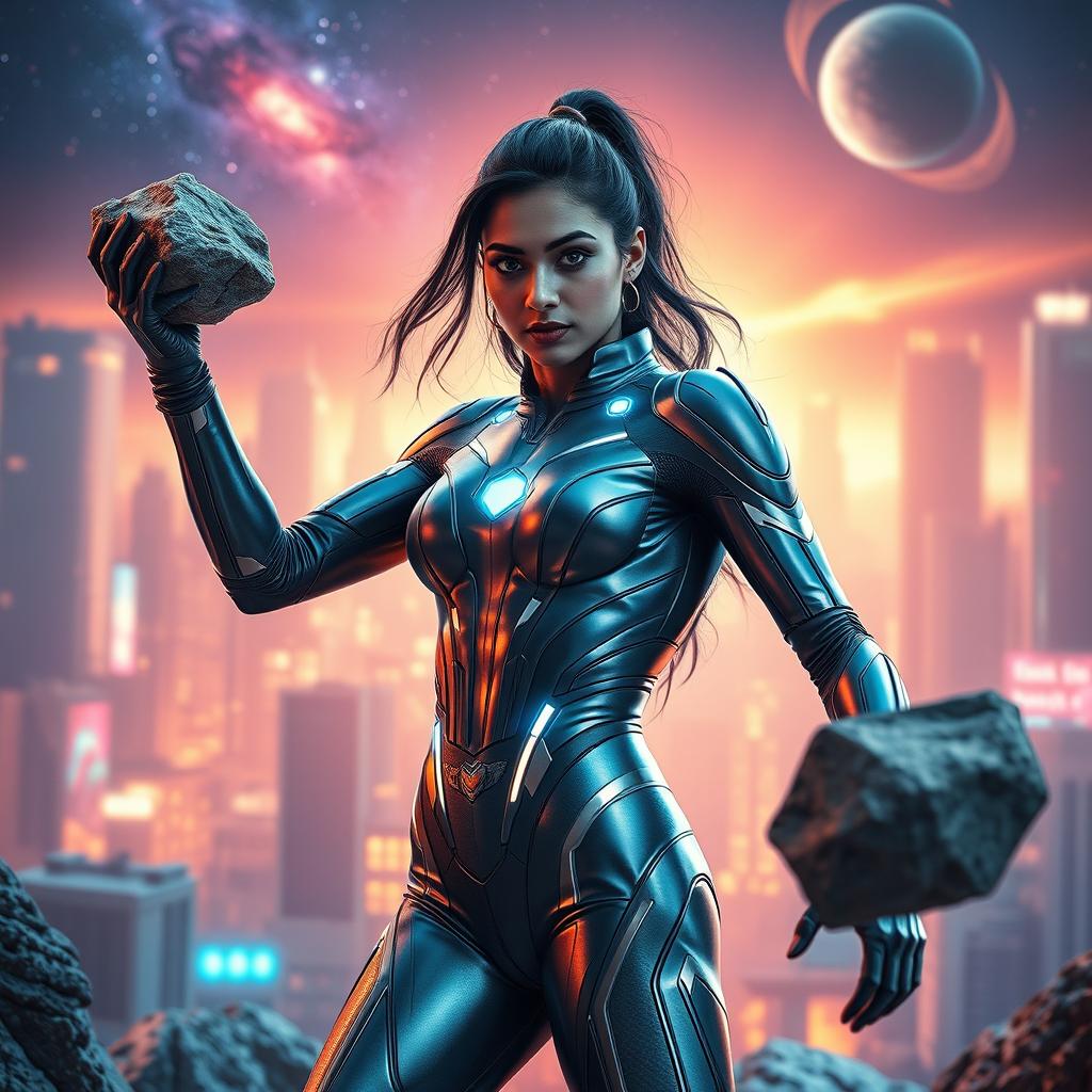 A stunning 27-year-old Indian woman, depicted as a superhero with gravitational force superpowers