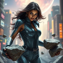 A stunning 27-year-old Indian woman, depicted as a superhero with gravitational force superpowers