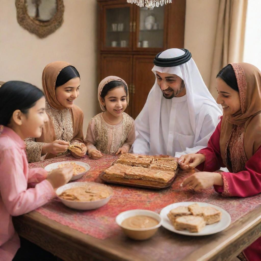 An Arabic family joyfully eating peanut butter sandwiches, dressed in traditional clothing, gathered together around a vibrant dining table.