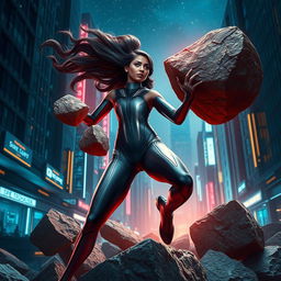 A breathtaking 27-year-old Indian woman, portrayed as a powerful superhero with gravitational force superpowers