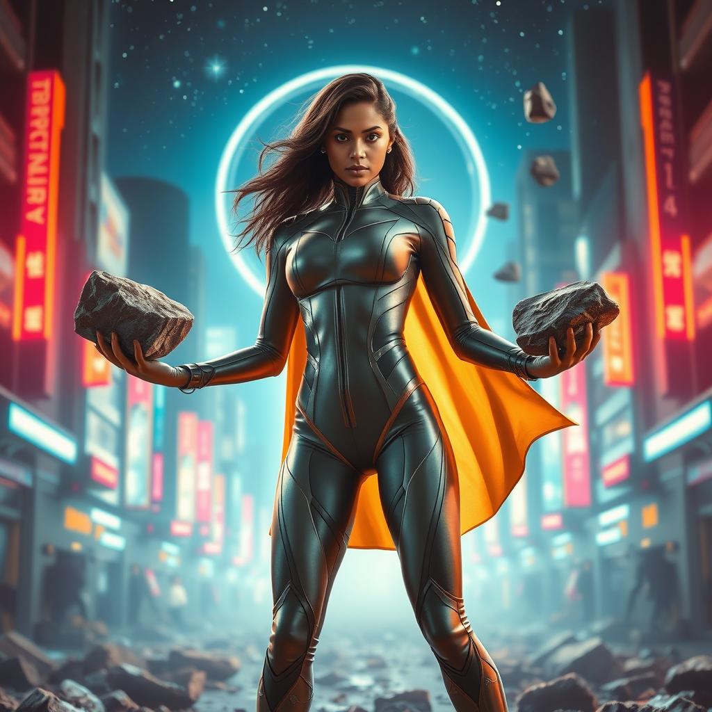 A breathtaking 27-year-old Indian woman, portrayed as a powerful superhero with gravitational force superpowers