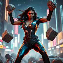 A breathtaking 27-year-old Indian woman, portrayed as a powerful superhero with gravitational force superpowers