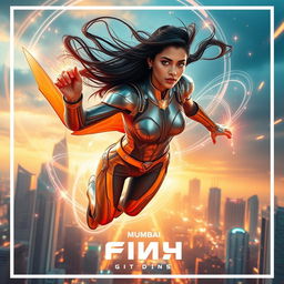 A cinematic action sci-fi futuristic film poster featuring a beautiful 27-year-old Indian woman with gravitational force superpowers