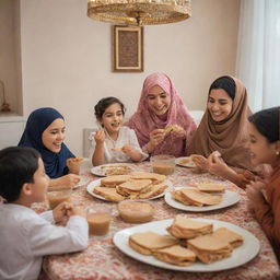 An Arabic family joyfully eating peanut butter sandwiches, dressed in traditional clothing, gathered together around a vibrant dining table.