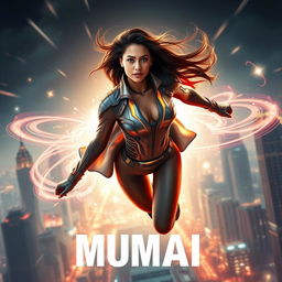 A cinematic action sci-fi futuristic film poster featuring a beautiful 27-year-old Indian woman with gravitational force superpowers