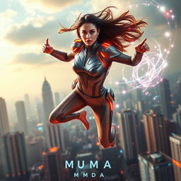 A cinematic action sci-fi futuristic film poster featuring a beautiful 27-year-old Indian woman with gravitational force superpowers