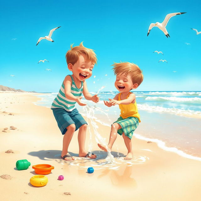 A whimsical and playful scene depicting two young boys having fun at the beach, one boy playfully splashing water onto the other's legs as they both giggle under the bright sun