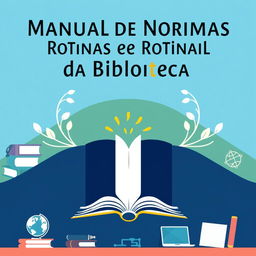 A vibrant and professional cover design for a library manual titled 'Manual de Normas e Rotinas da Biblioteca'