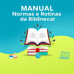 A vibrant and professional cover design for a library manual titled 'Manual de Normas e Rotinas da Biblioteca'