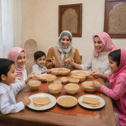 An Arabic family joyfully eating peanut butter sandwiches, dressed in traditional clothing, gathered together around a vibrant dining table.