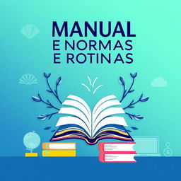 A vibrant and professional cover design for a library manual titled 'Manual de Normas e Rotinas da Biblioteca'