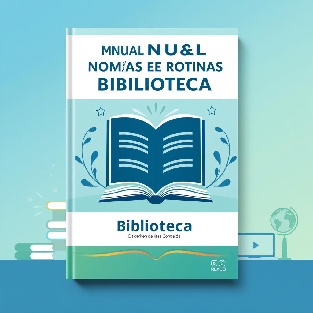 A vibrant and professional cover design for a library manual titled 'Manual de Normas e Rotinas da Biblioteca'