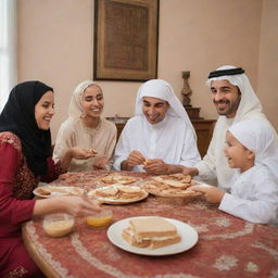 An Arabic family joyfully eating peanut butter sandwiches, dressed in traditional clothing, gathered together around a vibrant dining table.