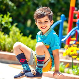 A fashionable young boy wearing trendy knee socks, confidently posing in a vibrant outdoor setting