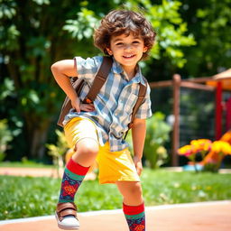 A fashionable young boy wearing trendy knee socks, confidently posing in a vibrant outdoor setting