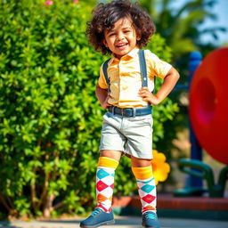 A fashionable young boy wearing trendy knee socks, confidently posing in a vibrant outdoor setting