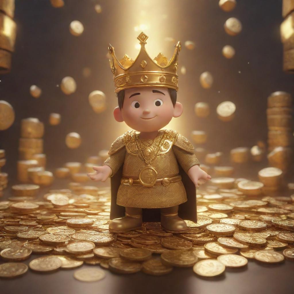 An animated character as the main focus, with a background full of symbolic golden objects such as coins, ingots, and crowns emanating a warm, gleaming light.