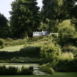 A picturesque house with an extensive, well-tended garden surrounding it on a large plot of land.