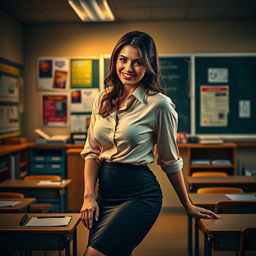 A seductive scene featuring an attractive female teacher in her 30s, wearing a stylish blouse and pencil skirt, leaning suggestively on a desk in a classroom filled with educational posters and a chalkboard