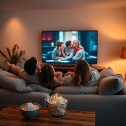 A cozy and intimate atmosphere in a modern living room where a couple is lounging on a plush sofa, sharing a romantic and playful moment while watching a movie on a large flat screen TV