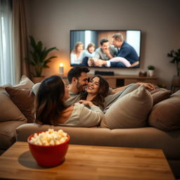 A cozy and intimate atmosphere in a modern living room where a couple is lounging on a plush sofa, sharing a romantic and playful moment while watching a movie on a large flat screen TV