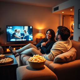 A cozy and intimate atmosphere in a modern living room where a couple is lounging on a plush sofa, sharing a romantic and playful moment while watching a movie on a large flat screen TV