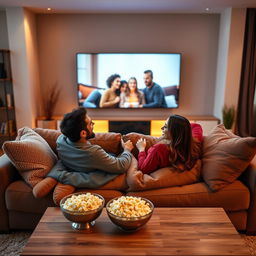 A cozy and intimate atmosphere in a modern living room where a couple is lounging on a plush sofa, sharing a romantic and playful moment while watching a movie on a large flat screen TV