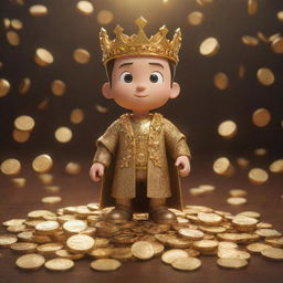 An animated character as the main focus, with a background full of symbolic golden objects such as coins, ingots, and crowns emanating a warm, gleaming light.