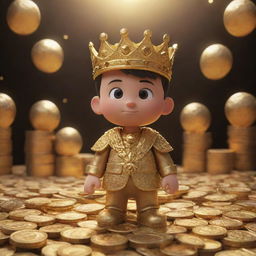 An animated character as the main focus, with a background full of symbolic golden objects such as coins, ingots, and crowns emanating a warm, gleaming light.