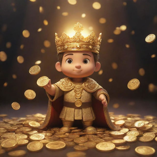 An animated character as the main focus, with a background full of symbolic golden objects such as coins, ingots, and crowns emanating a warm, gleaming light.