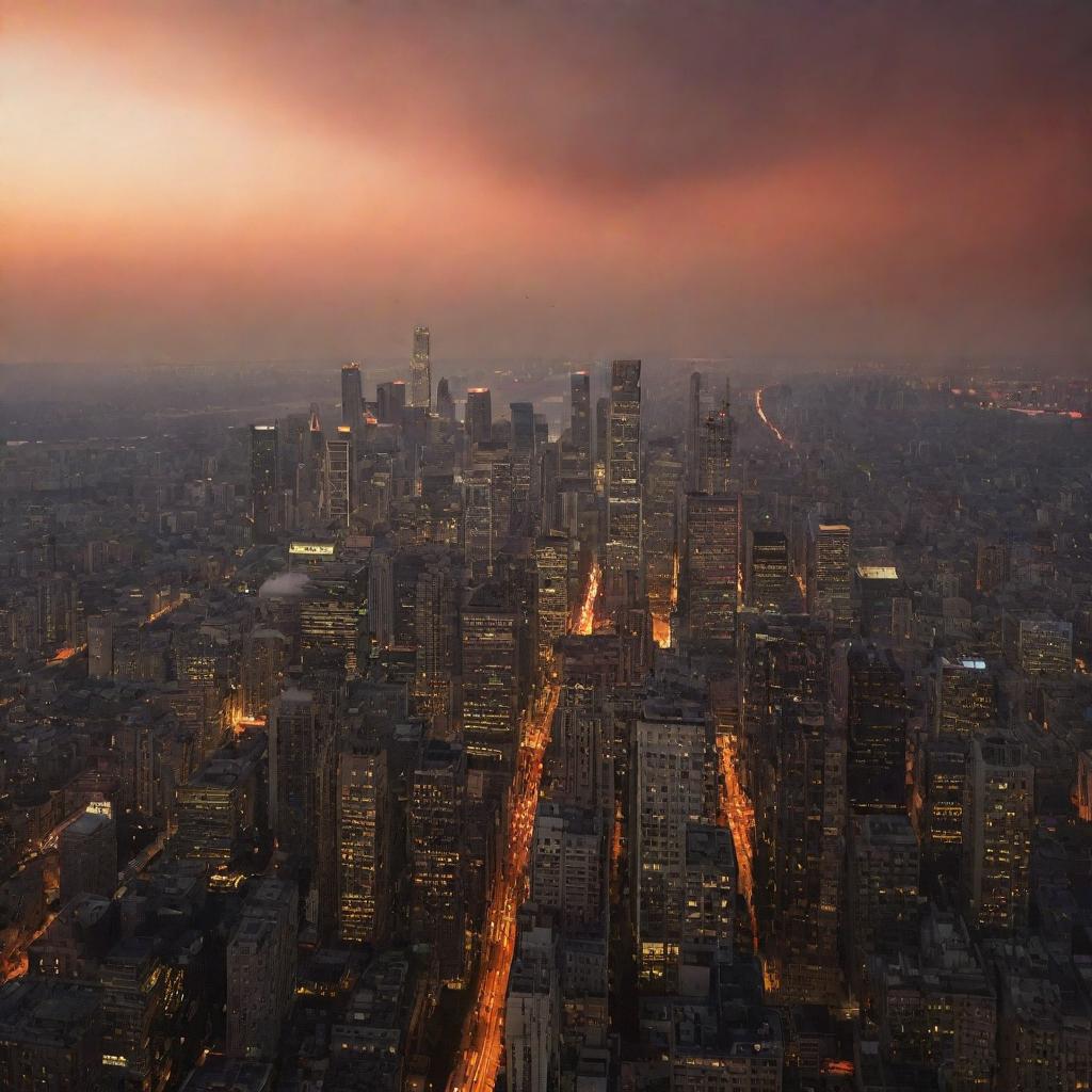 A sprawling cityscape at dusk under a smoky sky, with towering buildings illuminated by the startling orange glow of a fire raging in the heart of the city.